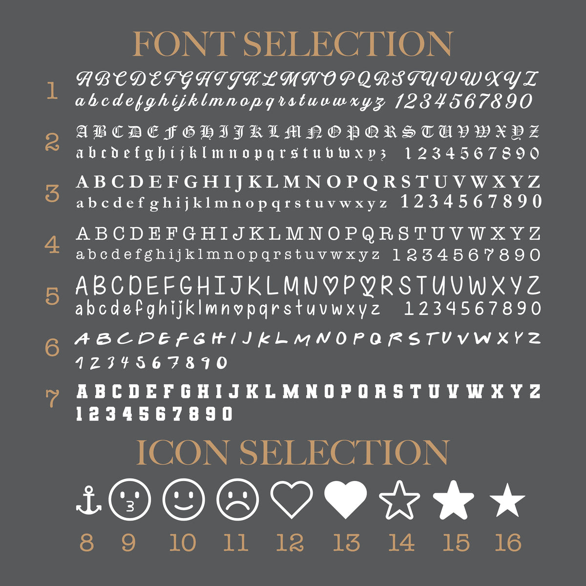 May include: A chart with seven different font styles in white on a dark gray background. Each font style includes uppercase and lowercase letters, numbers 1-9 and 0. The chart also includes a section with icons in white on a dark gray background. The icons include an anchor, a number 3, a smiley face, a frowning face, a heart, a star, and a star. The chart is labeled "FONT SELECTION" and "ICON SELECTION".