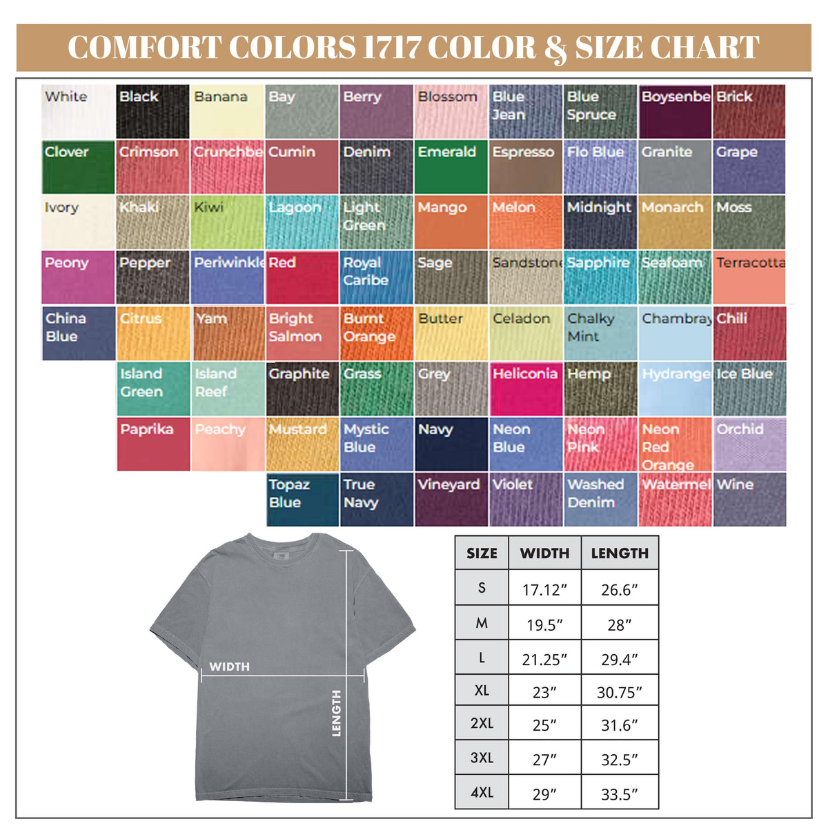 May include: A color and size chart for Comfort Colors 1717 t-shirts. The chart displays a wide range of colors, including white, black, and various shades of blue, green, and pink. A gray t-shirt is shown with size measurements in inches.