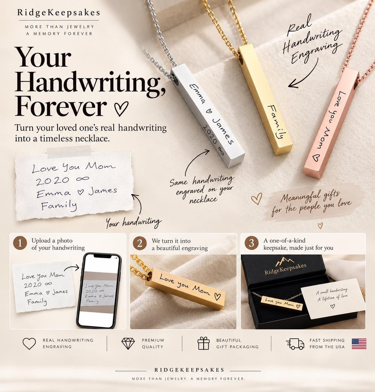 The image is an advertisement for personalized engraved necklaces. It features a variety of engraved designs, including names, dates, and messages, as well as images of the necklaces. The text highlights the ability to turn a loved one's handwriting into a timeless necklace, and the company offers a one-of-kind keepsake made just for the recipient. The ad emphasizes the real handwriting engraving, premium quality, and fast shipping from the USA.