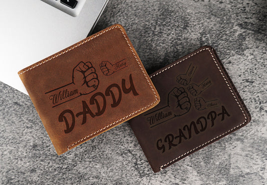 Fist Bump Dad Kids Leather Wallet, Christmas Gift, Custom Family Name Wallet, Father's Day Gift For Daddy, Personalized Names Wallet