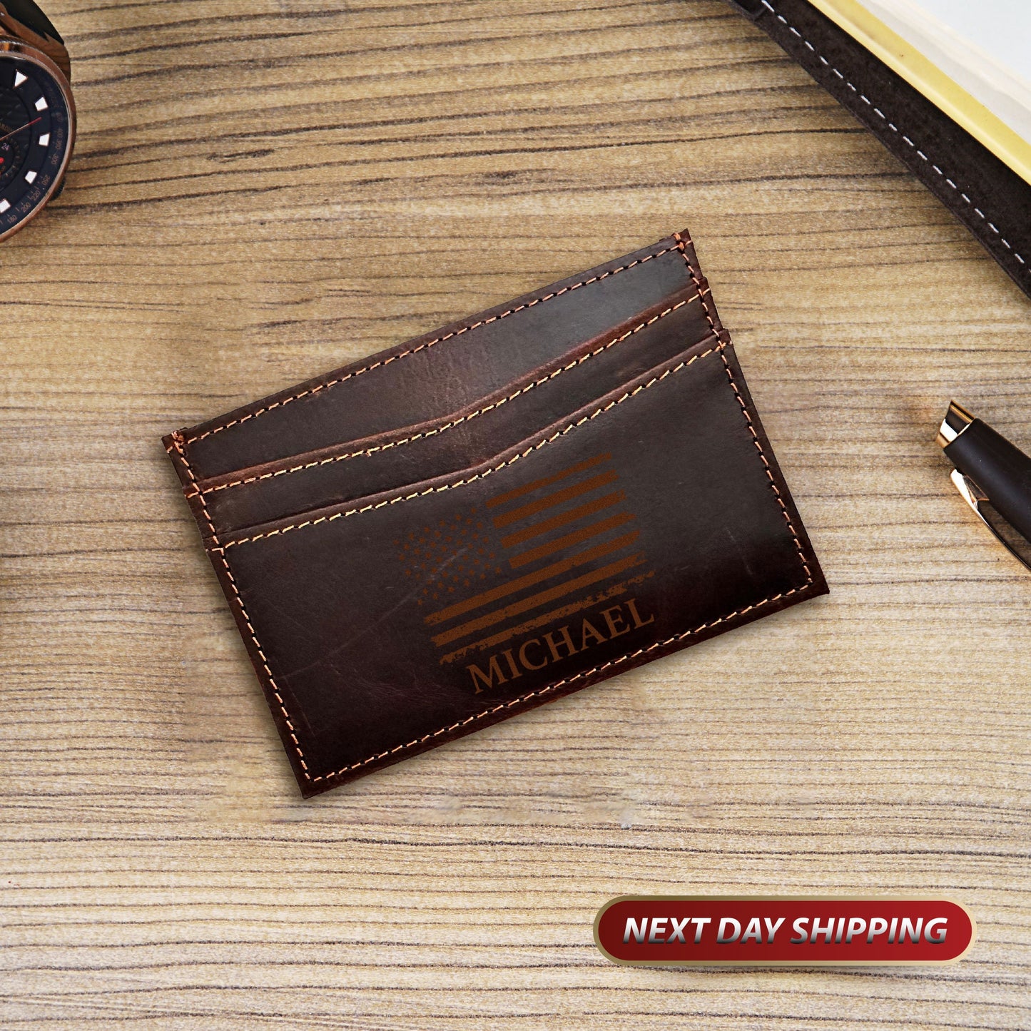 Men's Leather Small Card Wallet, Monogram Leather Card Holder, Leather Card Holder, Minimalist Card Holder, Engraved Minimalist Wallet, RFID