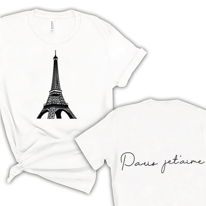 Chic Paris Je t'aime Tee, Elegant Eiffel Tower Graphic on Front, Classic Script on Back. A Must-Have for Lovers of Parisian Style