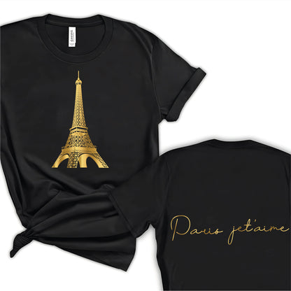 Chic Paris Je t'aime Tee, Elegant Eiffel Tower Graphic on Front, Classic Script on Back. A Must-Have for Lovers of Parisian Style