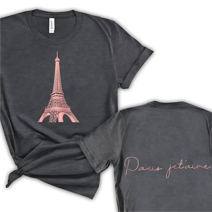 Chic Paris Je t'aime Tee, Elegant Eiffel Tower Graphic on Front, Classic Script on Back. A Must-Have for Lovers of Parisian Style