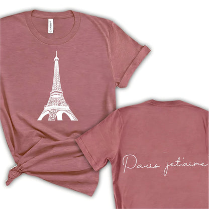 Chic Paris Je t'aime Tee, Elegant Eiffel Tower Graphic on Front, Classic Script on Back. A Must-Have for Lovers of Parisian Style