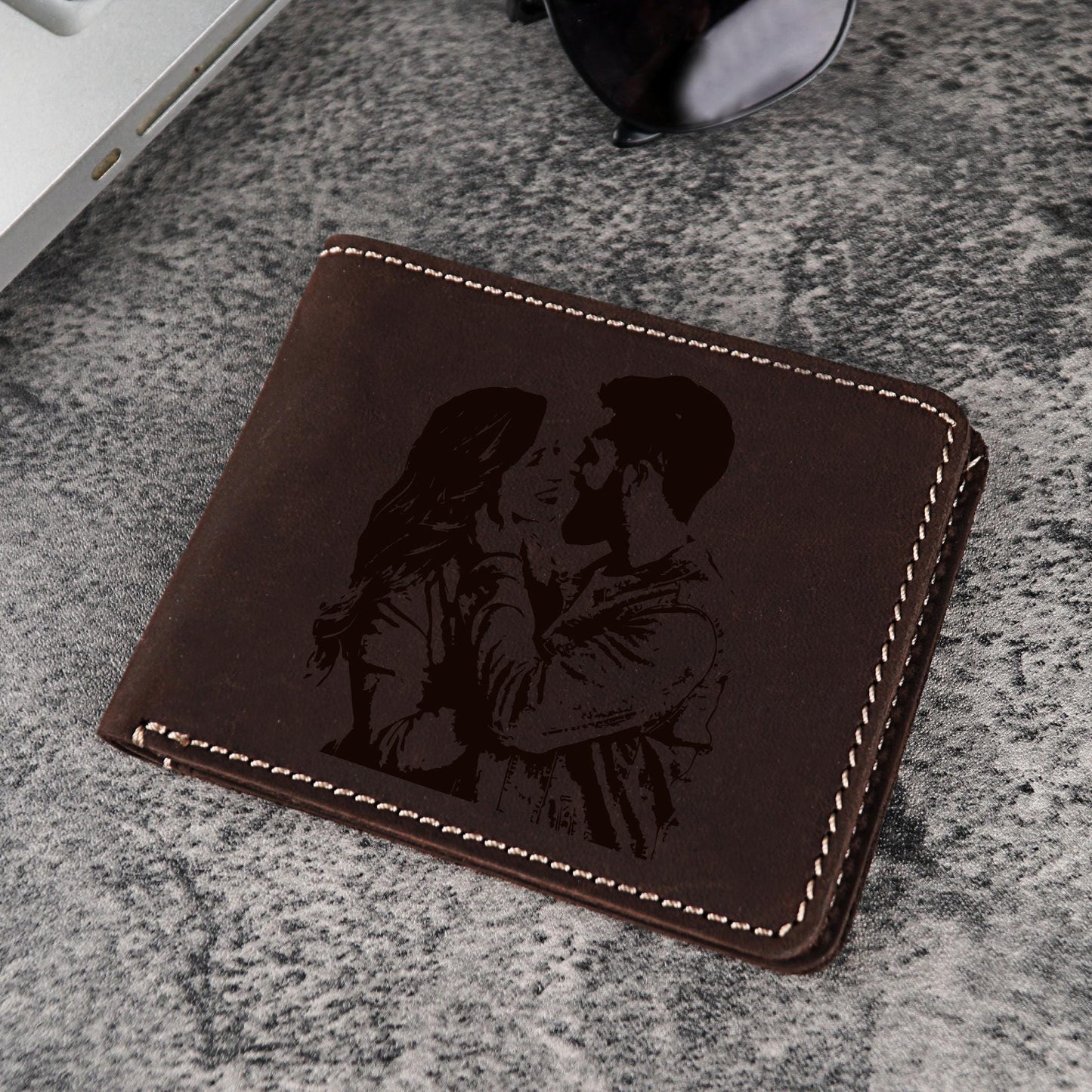 Personalized Men's Engraved Photo Leather Wallet, Custom Photo Wallet, Memory Gift for Dad, Personalized Leather Engraved Gift, Fathers Gift