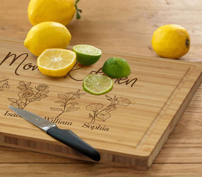 Mama's Kitchen Christmas Gifts Bamboo Cutting Board, Mothers Day Cutting Board, Custom Birth Flower Cutting Board, Kitchen Gifts