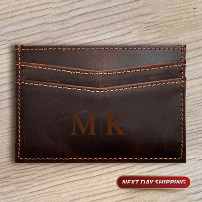 Men's Leather Small Card Wallet, Monogram Leather Card Holder, Leather Card Holder, Minimalist Card Holder, Engraved Minimalist Wallet, RFID