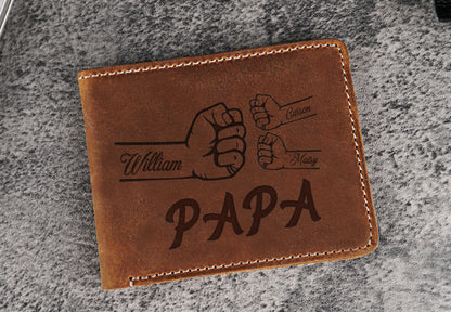 Fist Bump Dad Kids Leather Wallet, Christmas Gift, Custom Family Name Wallet, Father's Day Gift For Daddy, Personalized Names Wallet