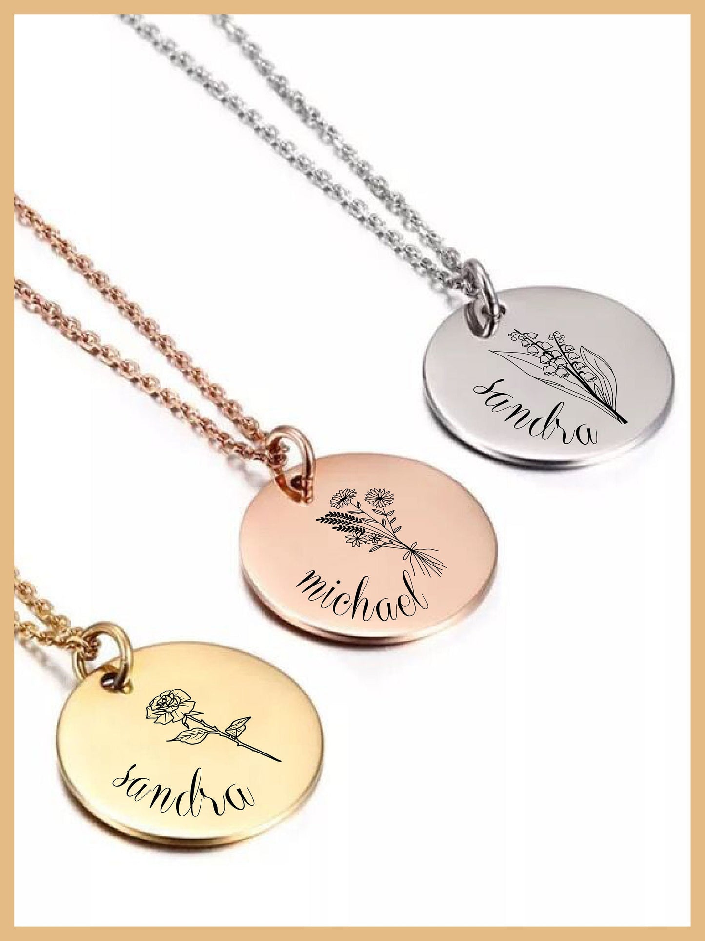 Custom Name Engraved Coin Necklace, Combined Birth Flower Necklace, Personalized Birth Flower Necklace, Mothers Day Necklace Gift, Mom Gifts