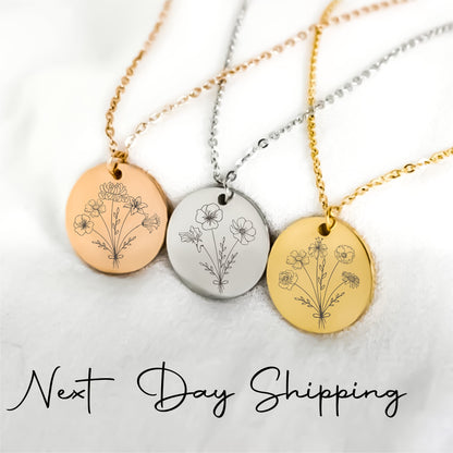 Personalized Gold Disc Necklace, Dainty Initial Necklace, Monogram Disc, Silver Disc Necklace, Gold Birthflower Necklace, Floral Necklace