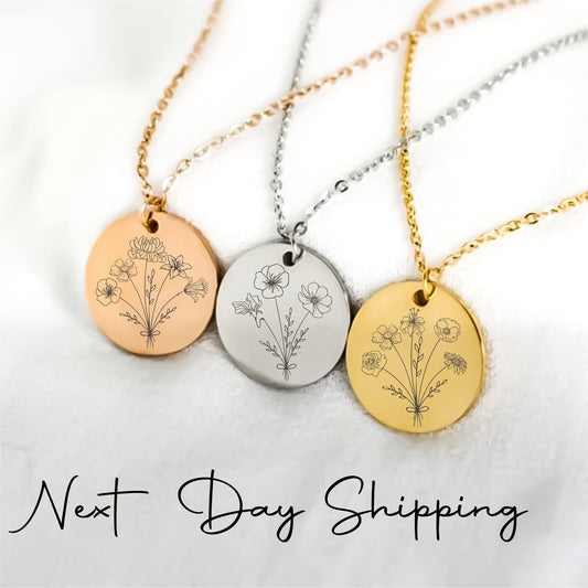 Personalized Gold Disc Necklace, Dainty Initial Necklace, Monogram Disc, Silver Disc Necklace, Gold Birthflower Necklace, Floral Necklace