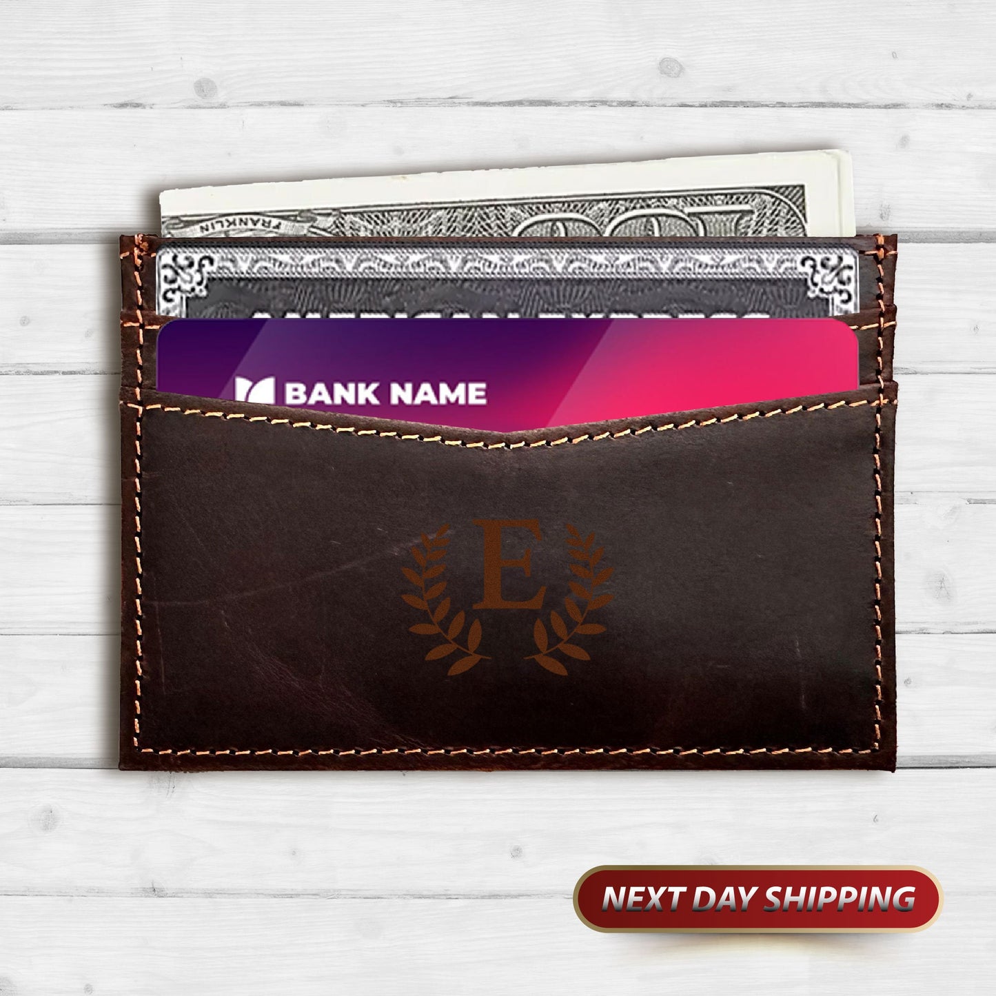 Monogram Leather Card Holder, Veteran day Card Holder, Minimalist Card Holder, Engraved Minimalist Wallet, Men's Leather Small Card Wallet