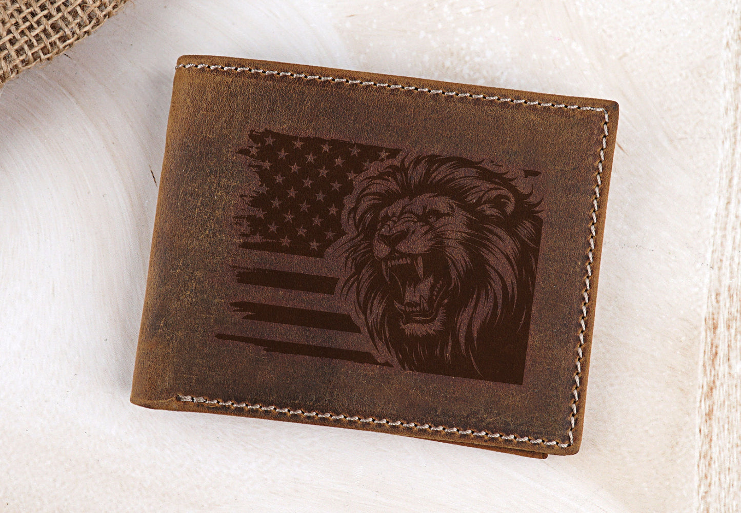 Lion Drawing Leather Wallet, Fathers Day Gift, Bifold Wallets for Men, Engraved Genuine Leather, Animal Art Wallet, Anniversary Gift For Him