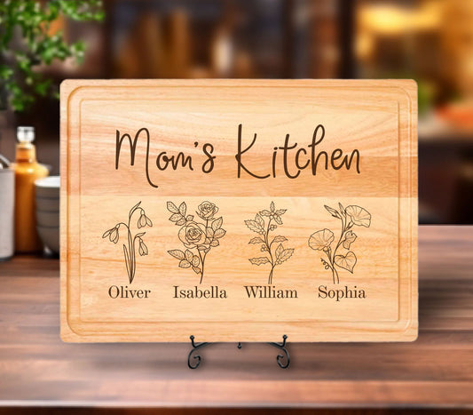 Mama's Kitchen Christmas Gifts Bamboo Cutting Board, Mothers Day Cutting Board, Custom Birth Flower Cutting Board, Kitchen Gifts