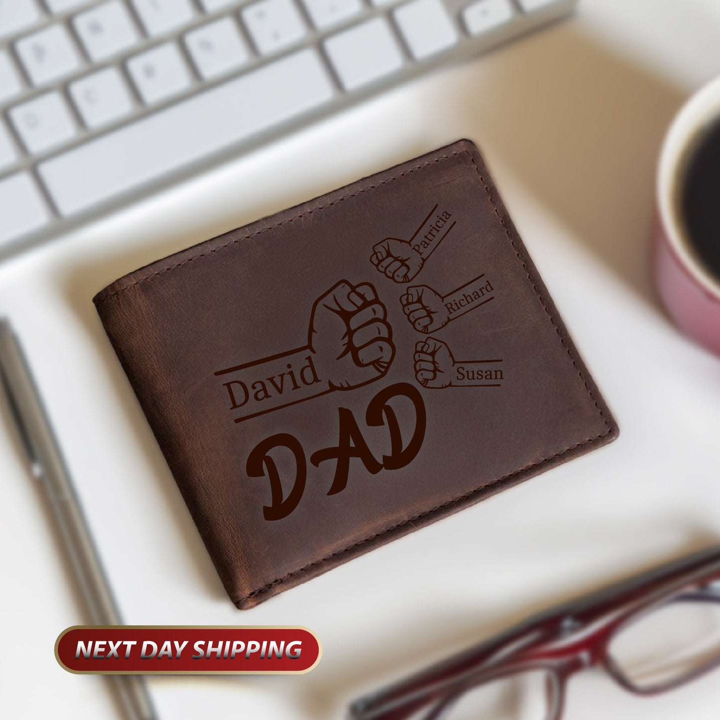 Personalized Leather Wallet, Christmas Gift, Fist Bump Dad Kids Leather Wallet, Custom Family Name Wallet, Father's Day Gift For Daddy