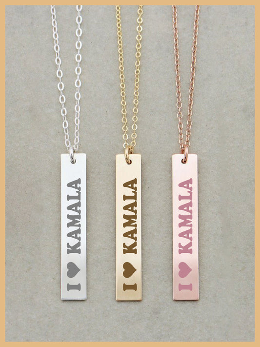 I Love Kamala Harris Vertical Plate Necklace, KAMALA Plate, Mother's Day Gift, Feminist Plate Necklace, Comma la Jewelry Plate, Kamala Gift