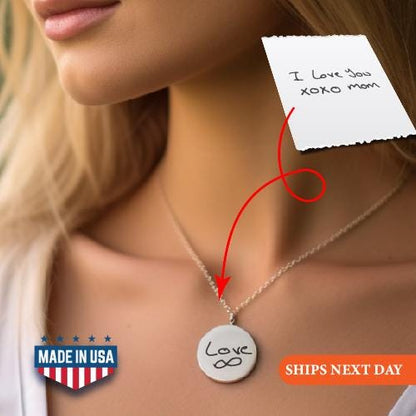 Customized Engraved Handwriting Disc Necklace, Gift for Mom, Gift Signature Necklace, Handwriting Jewelry, Valentine's Day Gift for My Love