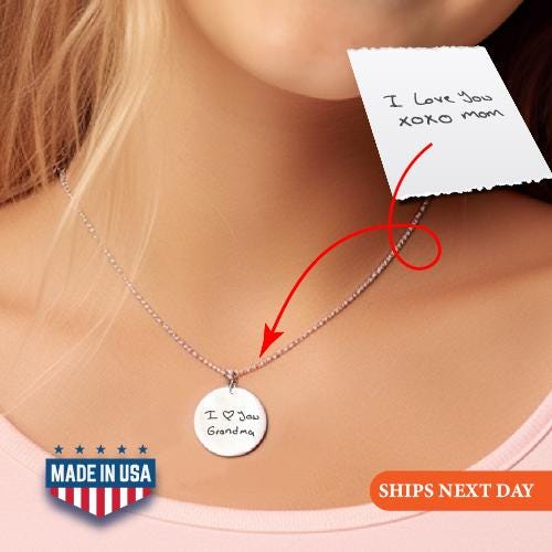 Customized Engraved Handwriting Disc Necklace, Gift for Mom, Gift Signature Necklace, Handwriting Jewelry, Valentine's Day Gift for My Love