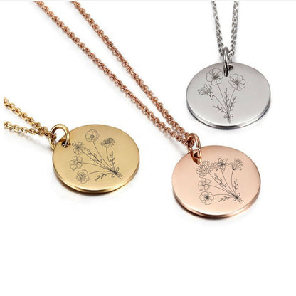 Personalized Name Necklaces, Personalized Gold Disc Necklace, Gold Birthflower Necklace, Floral Necklace, Flower Necklace, Monogram Coin