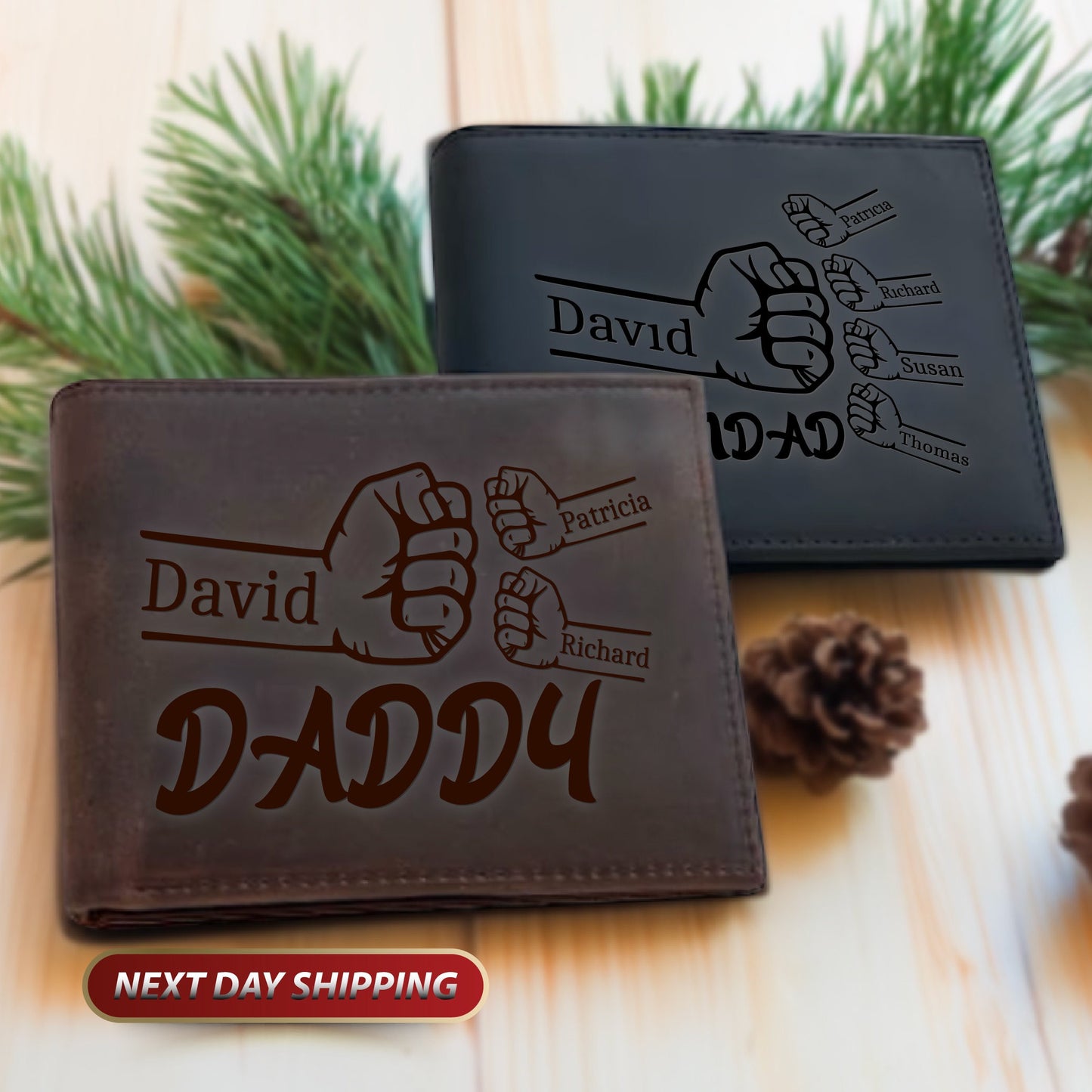 Personalized Leather Wallet, Christmas Gift, Fist Bump Dad Kids Leather Wallet, Custom Family Name Wallet, Father's Day Gift For Daddy