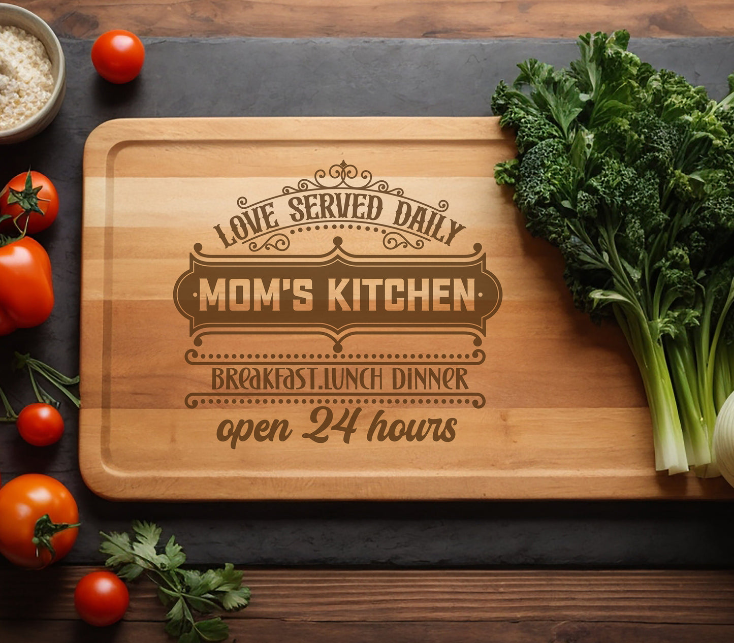 Personalized Mom's Kitchen Cutting Board, Christmas Gift, Gift for Mom, Bamboo Cutting Board, Charcuterie Board, Anniversary Gift