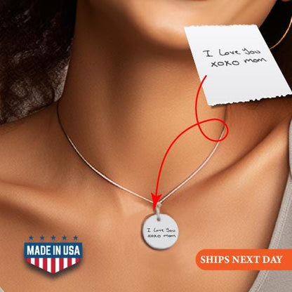 Customized Engraved Handwriting Disc Necklace, Gift for Mom, Gift Signature Necklace, Handwriting Jewelry, Valentine's Day Gift for My Love