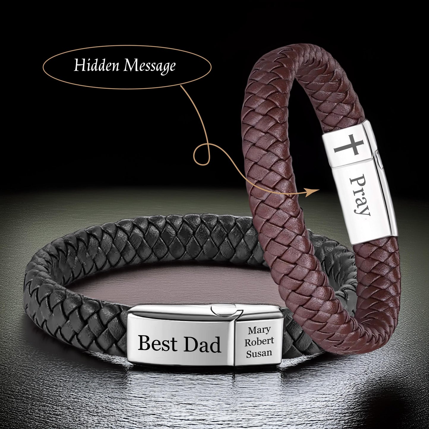 Men's Custom Bracelet for Christmas, Kids Name Bracelet, Handmade Leather Jewelry with Silver Bracelet, Fathers Day Bracelet