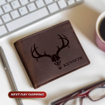 Personalized Name Deer Skull Wallet, Valentine's Him Wallet, Hunting Leather Wallet, Customized Name Wallet, Father's Day Gift For Daddy