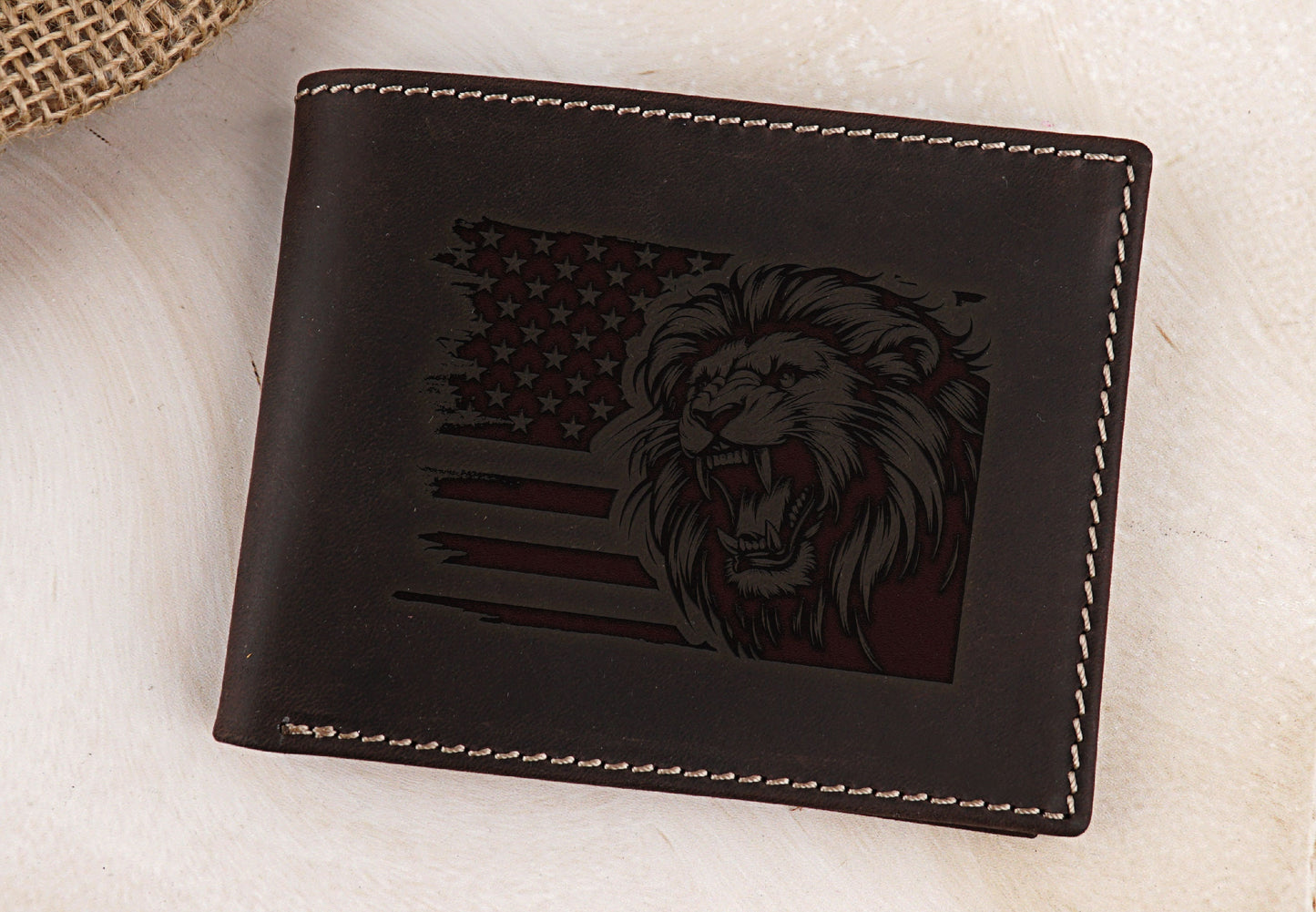 Lion Drawing Leather Wallet, Fathers Day Gift, Bifold Wallets for Men, Engraved Genuine Leather, Animal Art Wallet, Anniversary Gift For Him