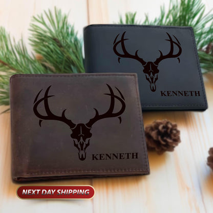Personalized Name Deer Skull Wallet, Valentine's Him Wallet, Hunting Leather Wallet, Customized Name Wallet, Father's Day Gift For Daddy
