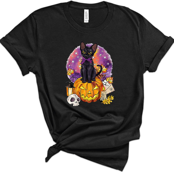 Black Cat Halloween T-Shirt,Black Cat Sitting on Pumpkin Graphic Tee,Halloween Cat Shirt,Cute Black Cat with Pumpkin and Skulls T-Shirt