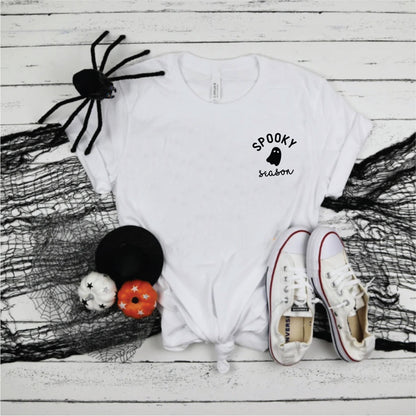 Minimalist Spooky Season T-Shirt - Casual Halloween Apparel,Simple Ghost Halloween Tee - Autumn Fashion Essential,Spooky Season White Ghost T-Shirt - October Must-Have,Cute Spooky Season Casual Tee - Perfect for Fall Festivities