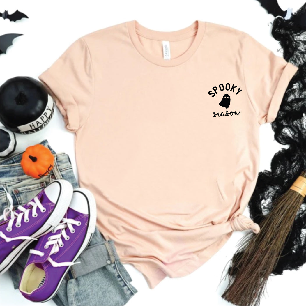 Minimalist Spooky Season T-Shirt - Casual Halloween Apparel,Simple Ghost Halloween Tee - Autumn Fashion Essential,Spooky Season White Ghost T-Shirt - October Must-Have,Cute Spooky Season Casual Tee - Perfect for Fall Festivities