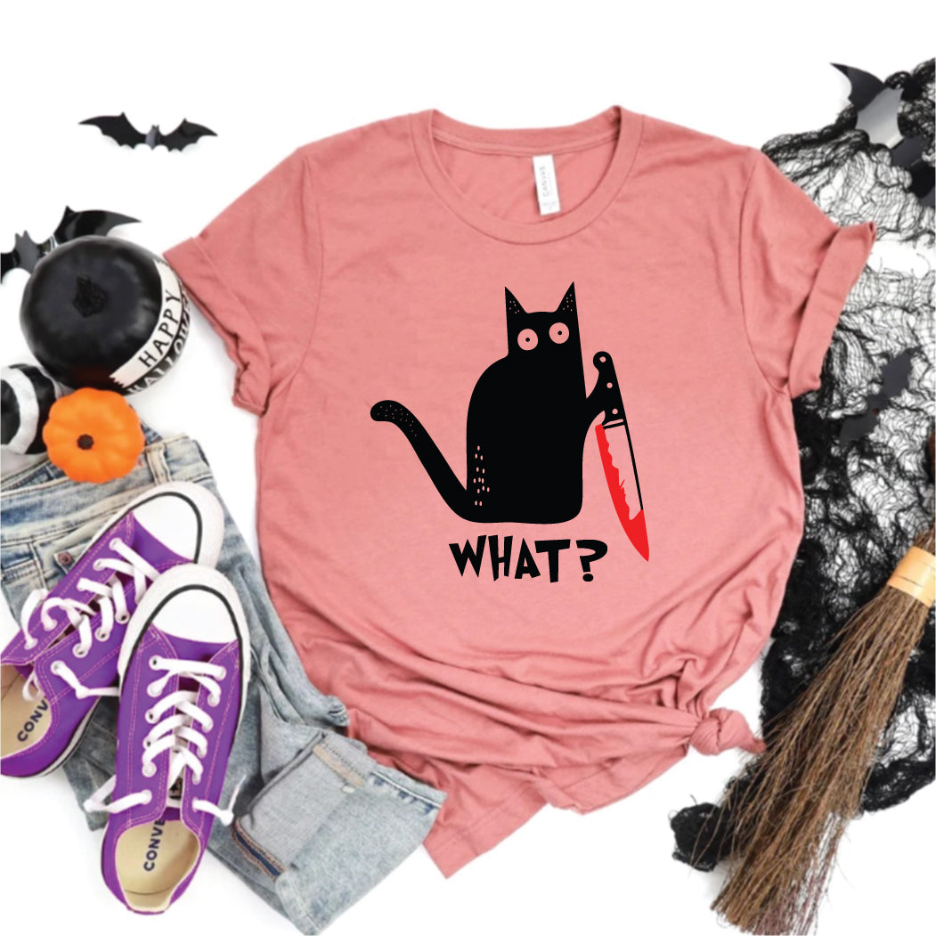 Halloween Cat What Shirt, Murderous Black Cat With Knife Halloween Tee, Funny Black Cat Shirt, Murderous Cat With Knife T-Shirt, Halloween Gift Shirt For Cat Lover