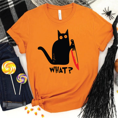 Halloween Cat What Shirt, Murderous Black Cat With Knife Halloween Tee, Funny Black Cat Shirt, Murderous Cat With Knife T-Shirt, Halloween Gift Shirt For Cat Lover