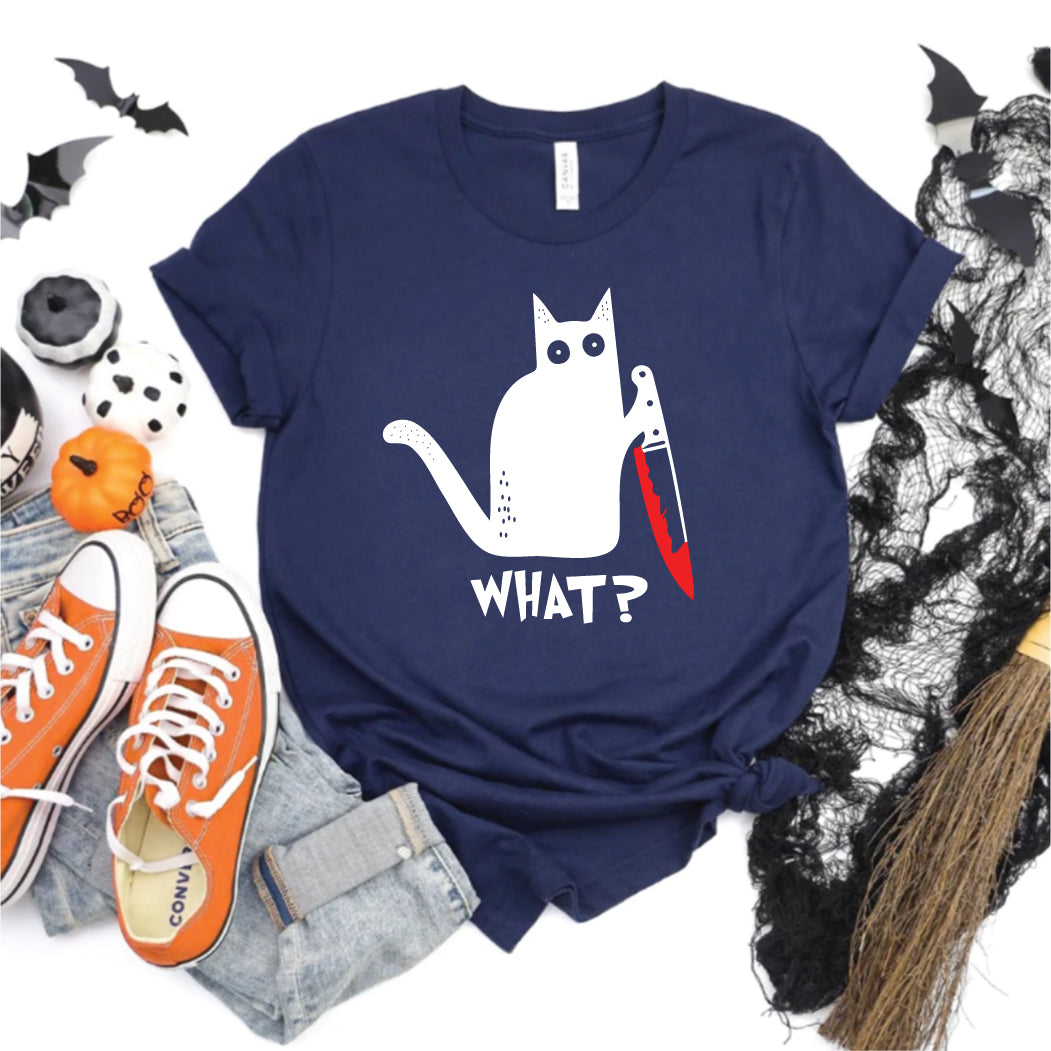 Halloween Cat What Shirt, Murderous Black Cat With Knife Halloween Tee, Funny Black Cat Shirt, Murderous Cat With Knife T-Shirt, Halloween Gift Shirt For Cat Lover