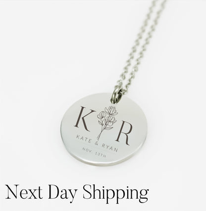 Custom Disk Necklace, Engraved Disc, Monogram Coin, Flower Necklace, , Gold Coin Necklace