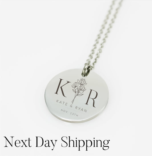 Custom Disk Necklace, Engraved Disc, Monogram Coin, Flower Necklace, , Gold Coin Necklace