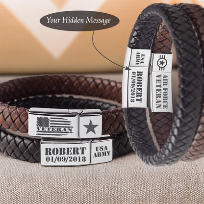 Customized Veteran Day Army Engraved Leather Bracelet, I am a Veteran Bracelet Birthday, Memorial Day Bracelet, Patriot Gift, Fourth of July
