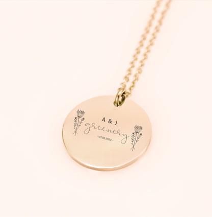 Custom Disk Necklace, Engraved Disc, Monogram Coin, Flower Necklace, , Gold Coin Necklace