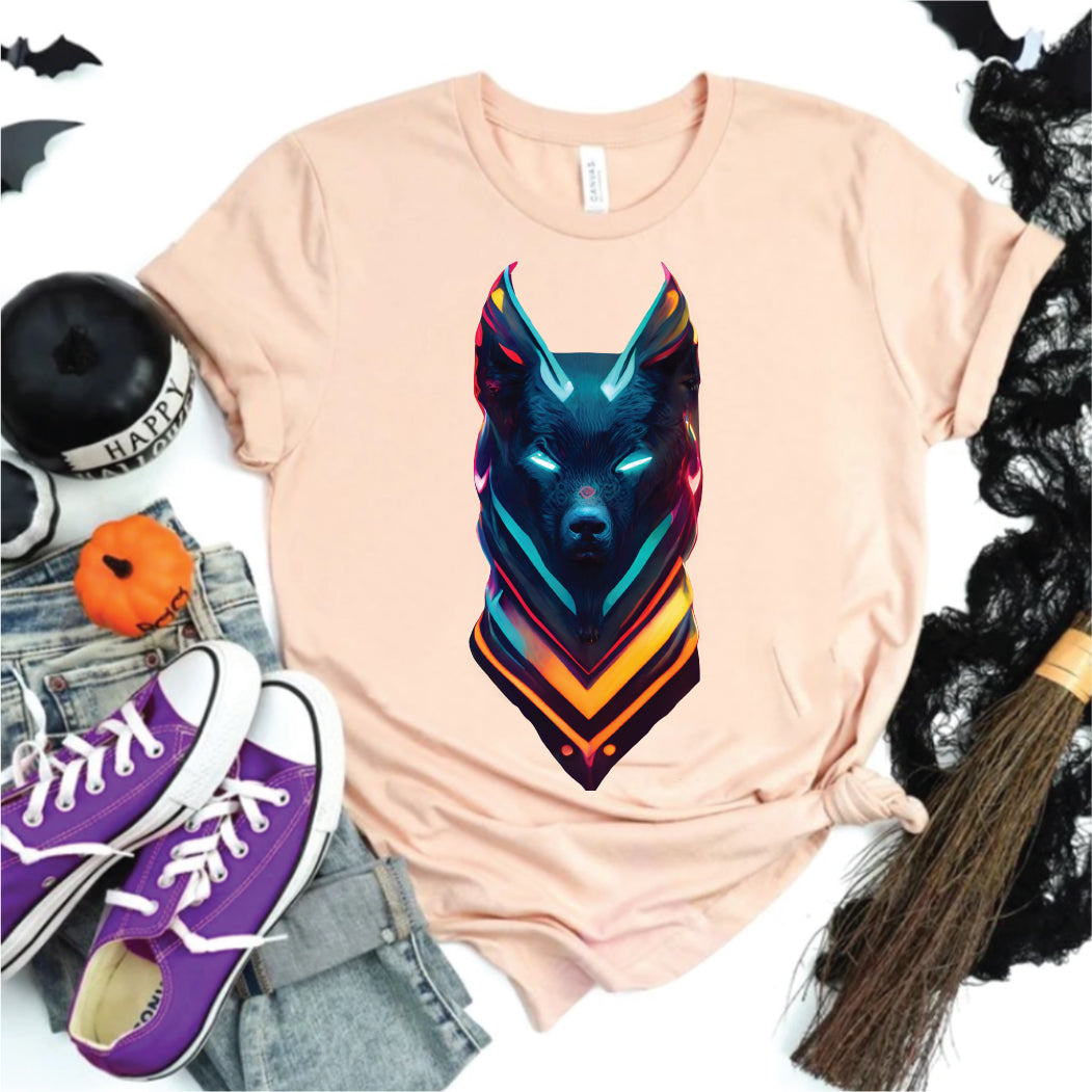 Neon Wolf Tee, Halloween Party Animal Shirt, Vibrant Cyber Style,Glowing Wolf Graphic T-Shirt, Halloween Neon Colors, Cool Fall Fashion,Electric Wolf Design Shirt, Halloween Glow Apparel, Unique Neon Top,Vibrant Cyberpunk Tee, Stylish Fall T-Shirt