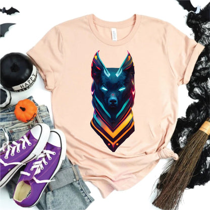 Neon Wolf Tee, Halloween Party Animal Shirt, Vibrant Cyber Style,Glowing Wolf Graphic T-Shirt, Halloween Neon Colors, Cool Fall Fashion,Electric Wolf Design Shirt, Halloween Glow Apparel, Unique Neon Top,Vibrant Cyberpunk Tee, Stylish Fall T-Shirt