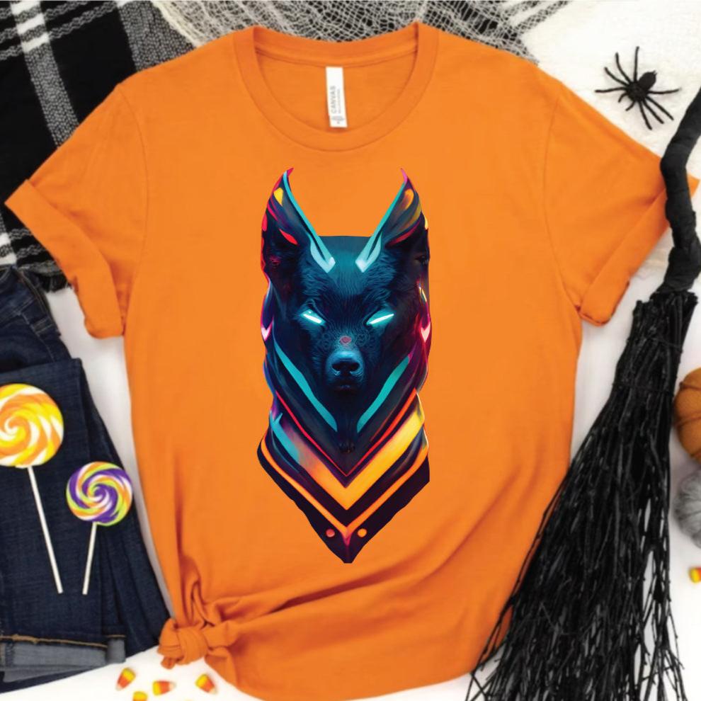 Neon Wolf Tee, Halloween Party Animal Shirt, Vibrant Cyber Style,Glowing Wolf Graphic T-Shirt, Halloween Neon Colors, Cool Fall Fashion,Electric Wolf Design Shirt, Halloween Glow Apparel, Unique Neon Top,Vibrant Cyberpunk Tee, Stylish Fall T-Shirt