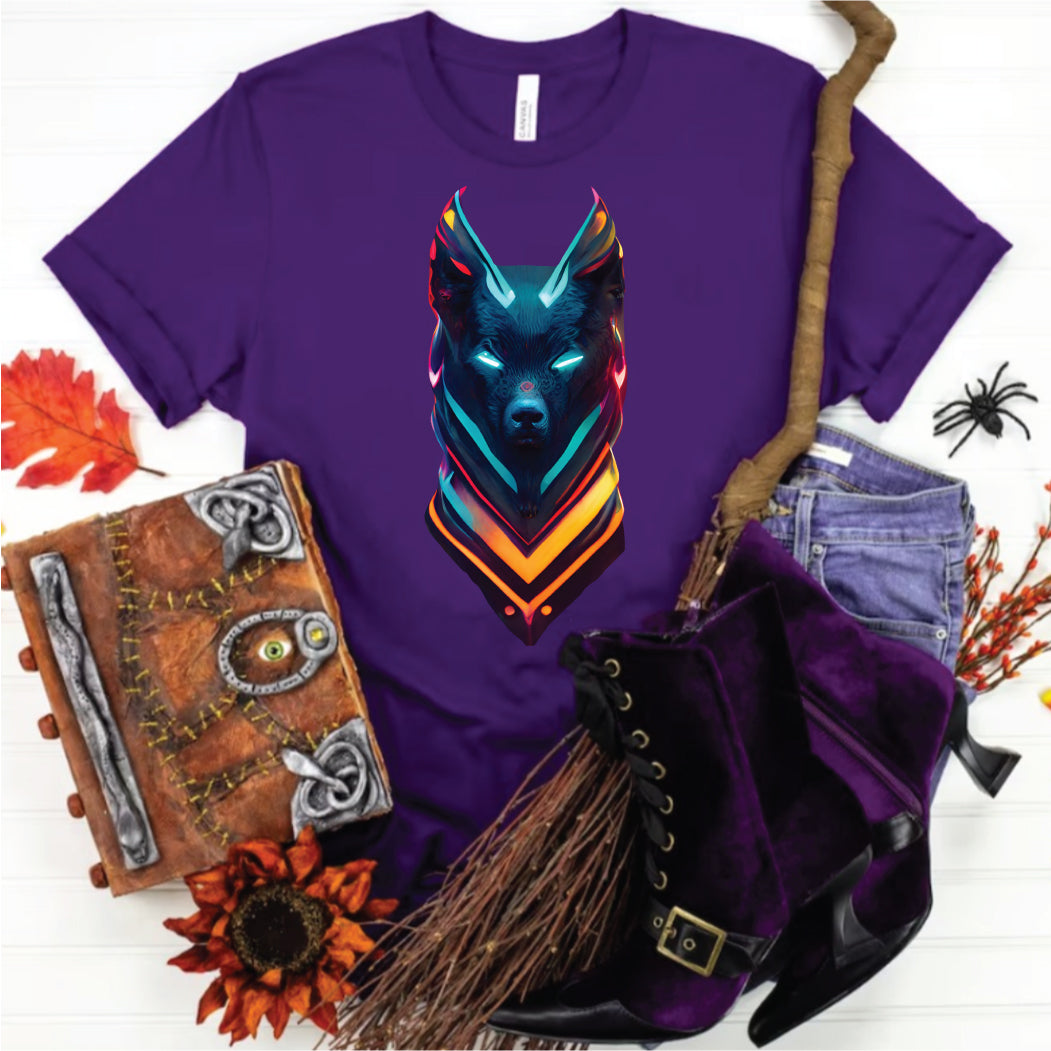 Neon Wolf Tee, Halloween Party Animal Shirt, Vibrant Cyber Style,Glowing Wolf Graphic T-Shirt, Halloween Neon Colors, Cool Fall Fashion,Electric Wolf Design Shirt, Halloween Glow Apparel, Unique Neon Top,Vibrant Cyberpunk Tee, Stylish Fall T-Shirt