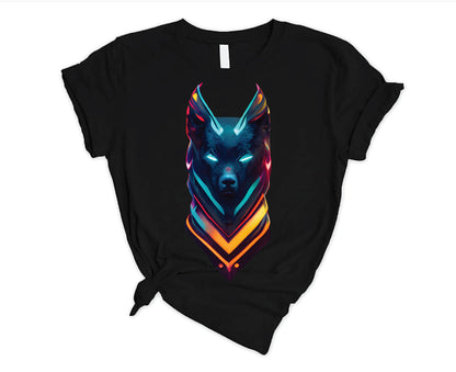 Neon Wolf Tee, Halloween Party Animal Shirt, Vibrant Cyber Style,Glowing Wolf Graphic T-Shirt, Halloween Neon Colors, Cool Fall Fashion,Electric Wolf Design Shirt, Halloween Glow Apparel, Unique Neon Top,Vibrant Cyberpunk Tee, Stylish Fall T-Shirt
