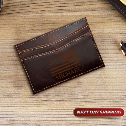 Monogram Leather Card Holder, Veteran day Card Holder, Minimalist Card Holder, Engraved Minimalist Wallet, Men's Leather Small Card Wallet