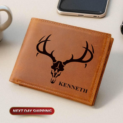 Personalized Name Deer Skull Wallet, Valentine's Him Wallet, Hunting Leather Wallet, Customized Name Wallet, Father's Day Gift For Daddy