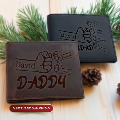 Personalized Name Christmas Gifts Wallet, Fist Bump Dad Kids Leather Wallet, Customized Family Name Wallet, Father's Day Gift For Daddy