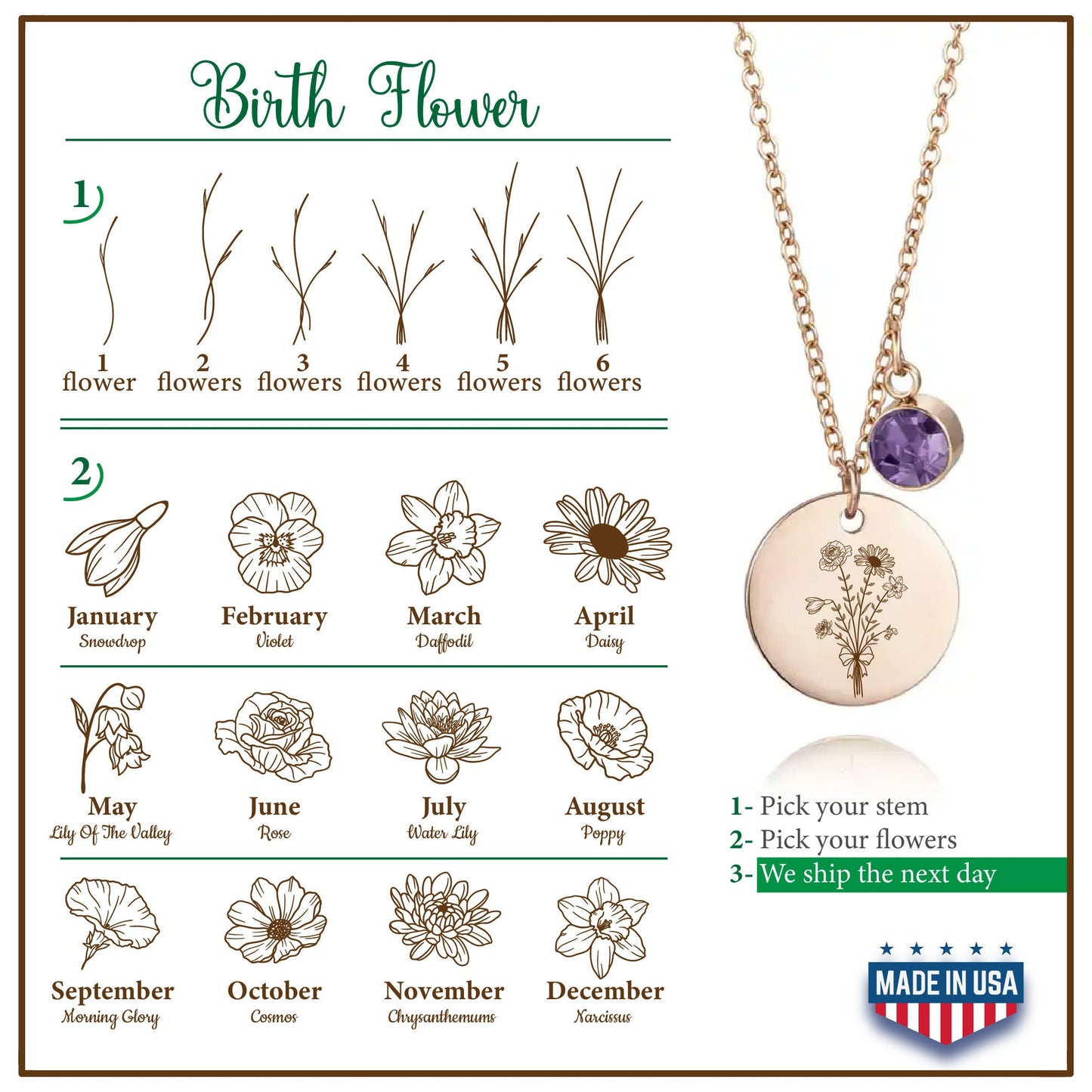 Birth Month Christmas Gifts Necklace Combined Birth Flower Necklace Personalized Bouquet Flower Necklace Birth flower Necklace Handmade